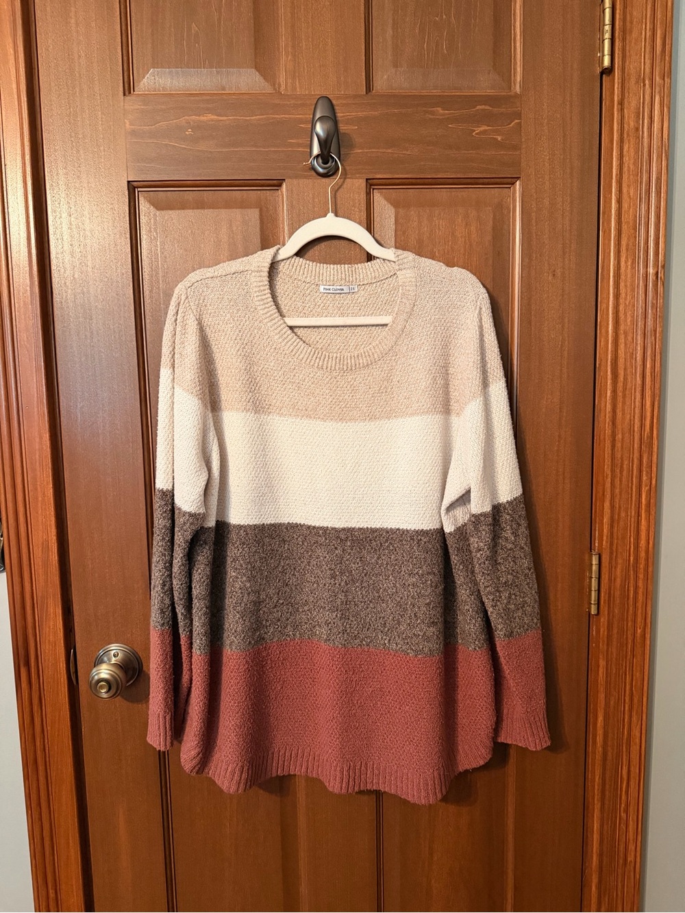 Pink Clover Striped Crewneck Sweater - Beige, White, Brown & Rust